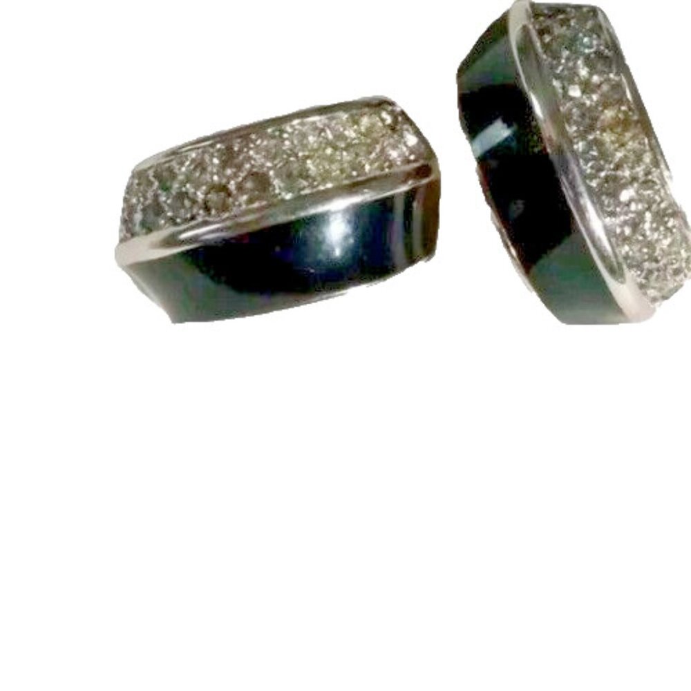 VINTAGE  Gold Tone Half Hoop Clip On Earrings Black Enamel Rhinestone Cluster